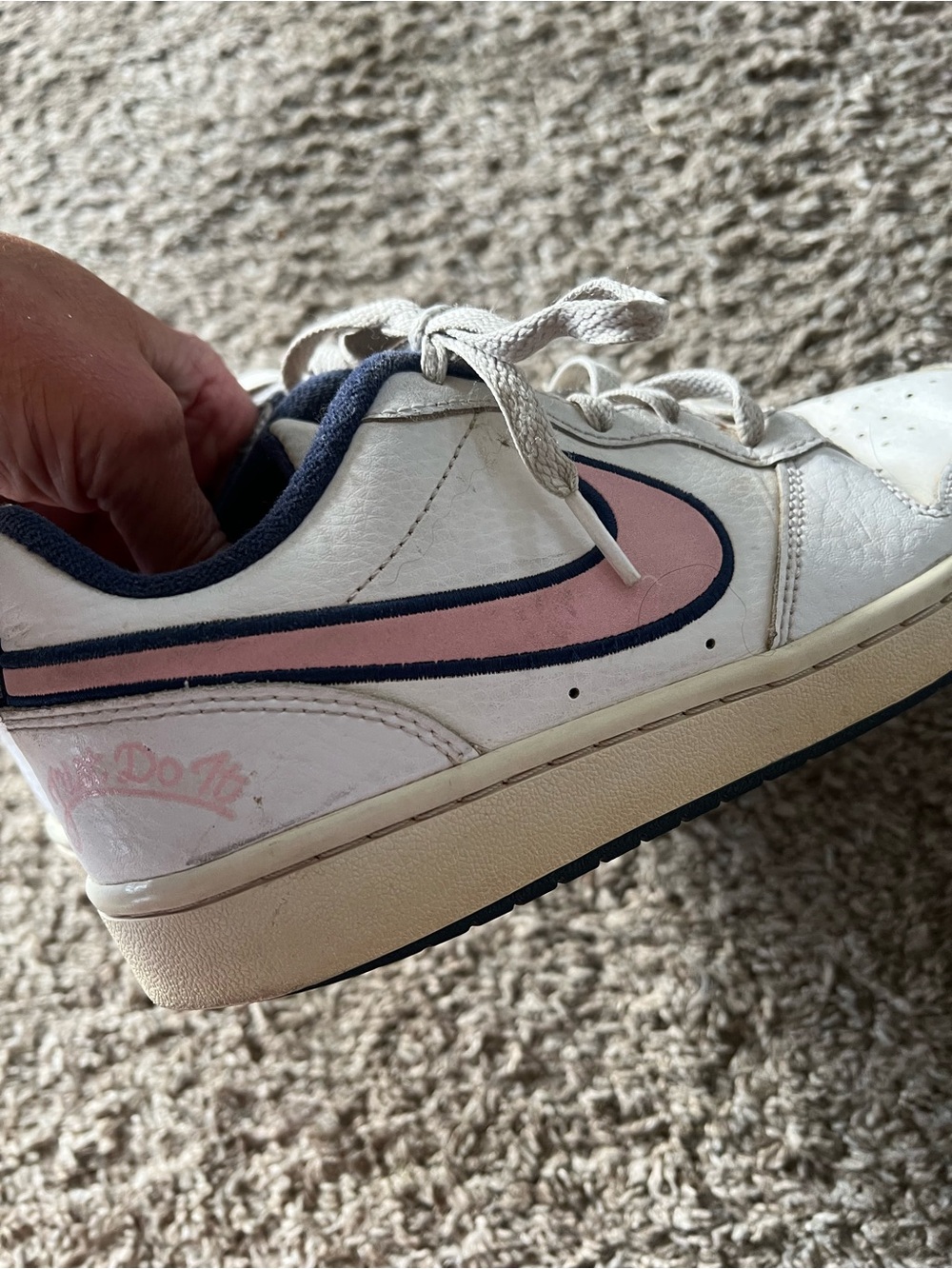 Nike White Sneakers with Pink and Navy Swoosh